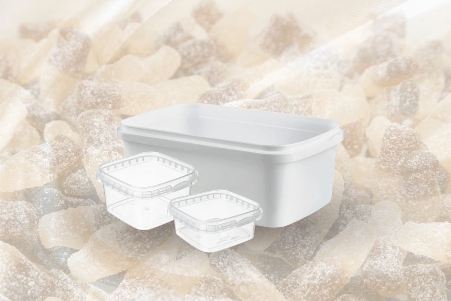 Three square sweet tubs on a cola-bottle background