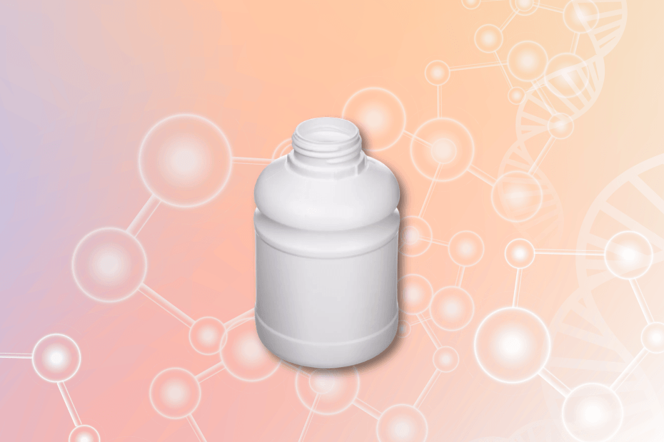 White plastic supplements bottle on an orange molecular background