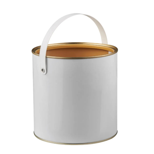 White metal bucket with a gold interior and handle on a white background