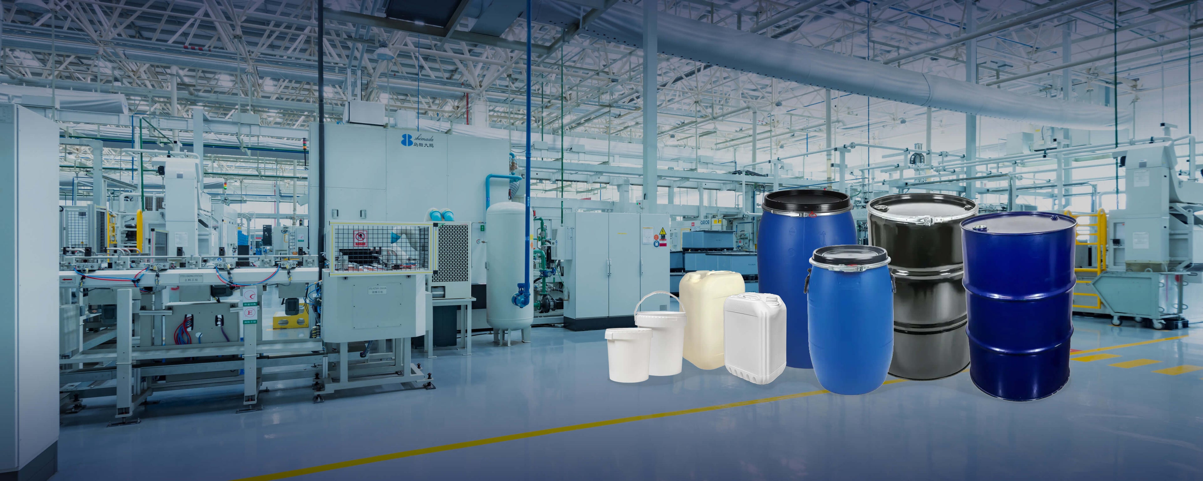 UN approved waste containers, buckets, drums and barrels on an industrial backround