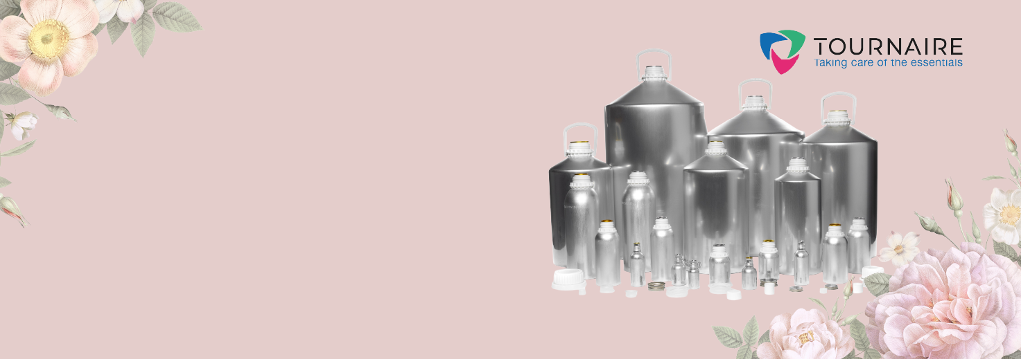 Tournaire aluminium bottles with a Tournaire logo on a pink floral back ground