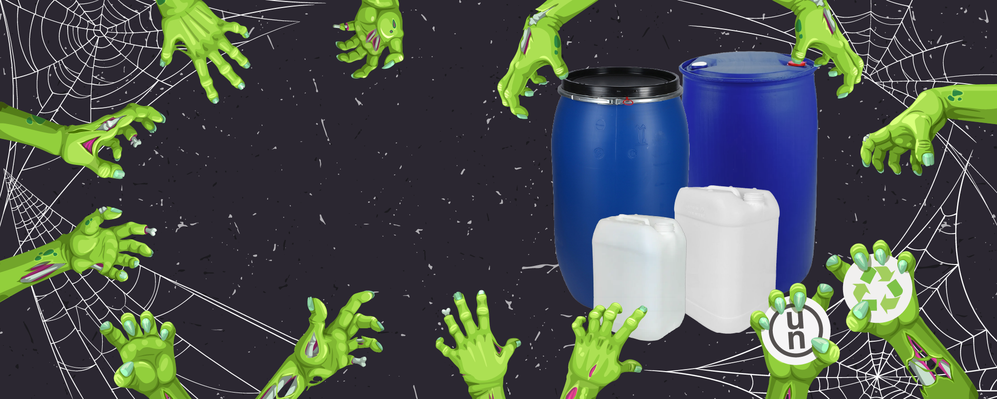 Eco-UN plastic jerry cans and barrels with zombie hands and a halloween background