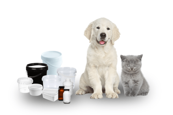 Dog and cat with pet care products on a white background