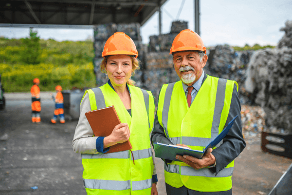 A man and a woman wearing high-visibility yellow safety vests and orange hard hats stand in an industrial recycling facility, holding blue and brown folders.